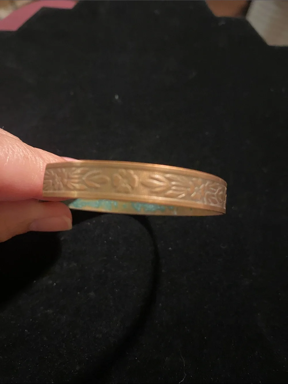 Engraved Copper Cuff Bracelet with Verdigris Interior